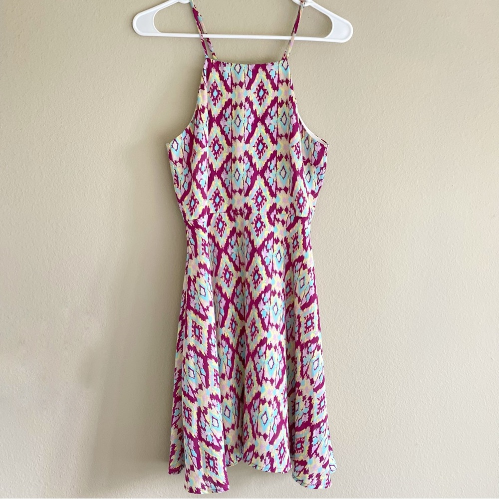 Everly Purple Yellow Blue Pink Western Geometric Southwest Ikat Fit Flare Dress